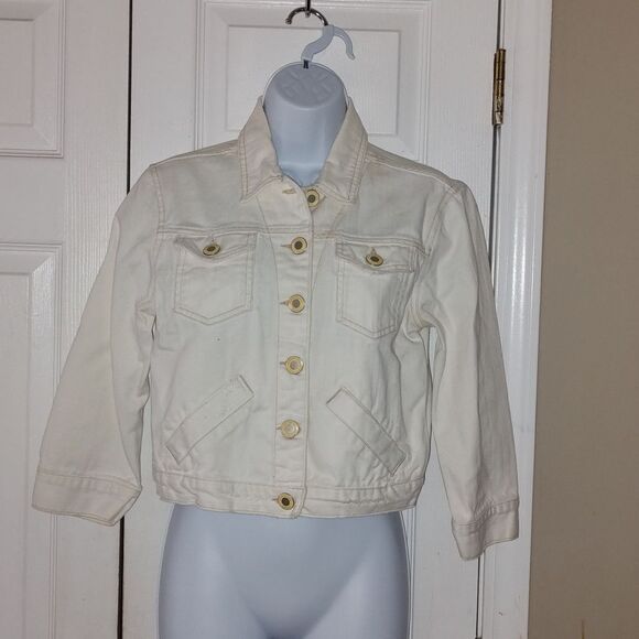 American Eagle Distressed  Outfitter Cropped White Denim Jacket Size Medium - Picture 1 of 10